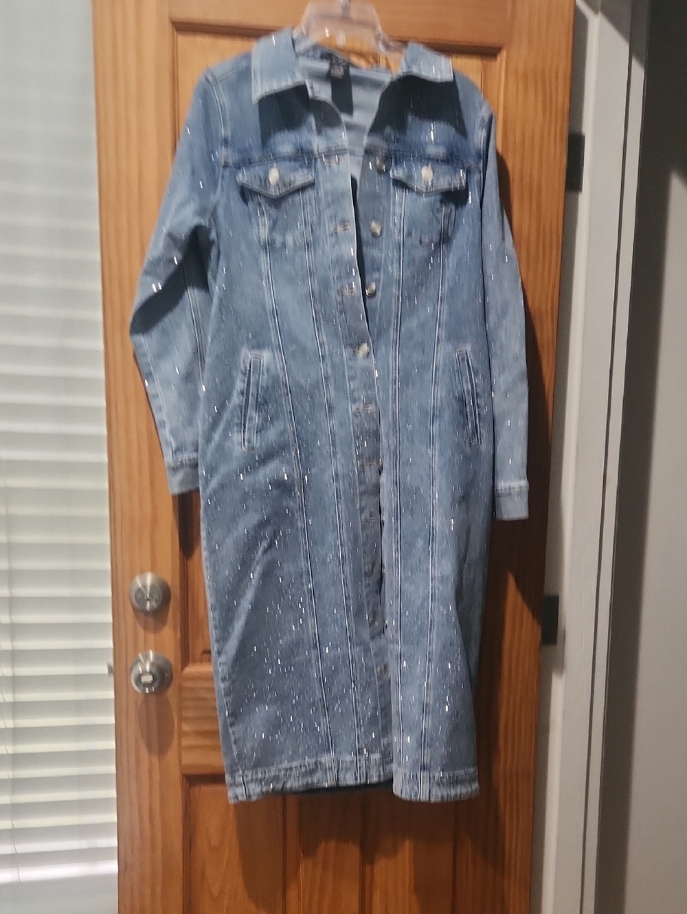 Midnight Velvet Blue Denim Long Jean Jacket with Sparkle